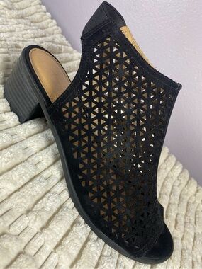 American Eagle Black Faux Suede Geometric Laser Cut Peep Toe Block Heel Sandals